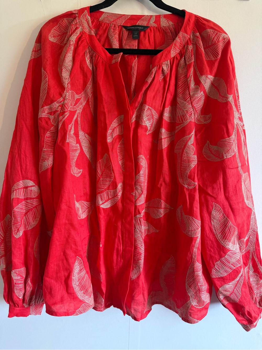 Banana Republic L Tall 100% Linen Red Embroidered Leaf Blouse Boho Fall